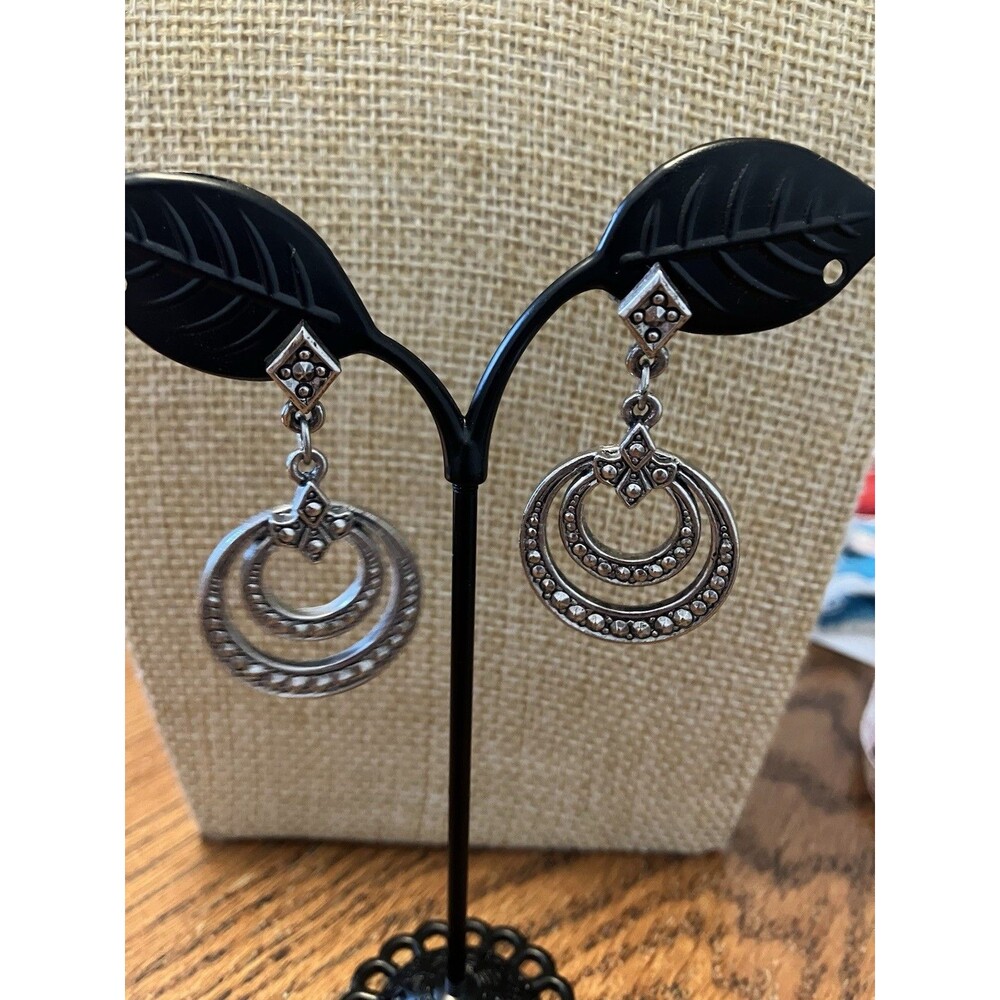 Avon Faux Marcasite Earrings Double Hoop Dangle Vintage 1980s Silver Tone